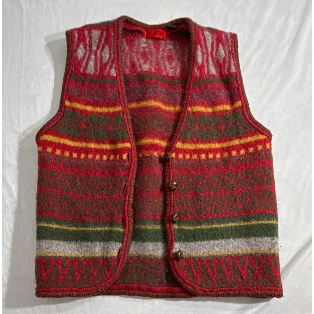 Intuition Sport Mens Wool Knit Fair Isle V-Neck Button Front Sweater Vest M Red